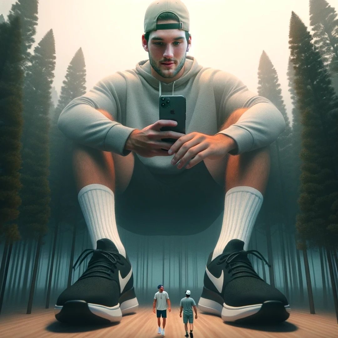 A giant man in a hoodie sitting in a forest looking at his phone, two tiny men at his trainers