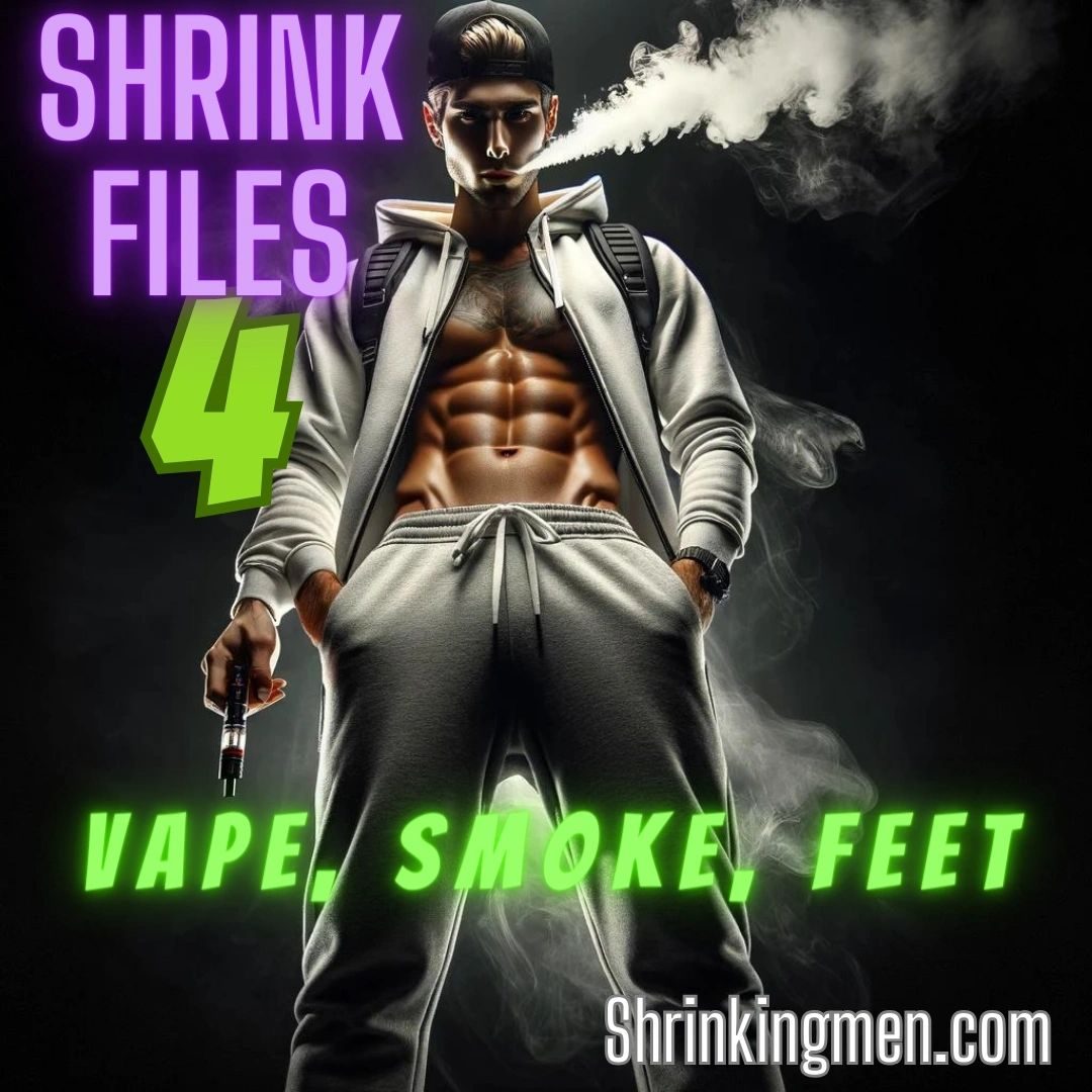Cover of Shrink Files 4: Vape, Smoke, Feet, a man in an open hoodie and grey joggers blowing vape smoke