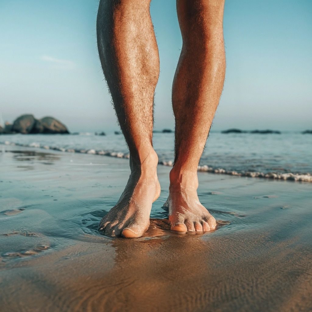 A man's bare legs and feet standing in the shallow surf on a beach