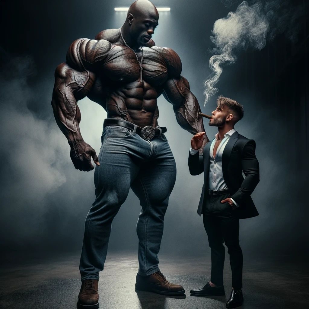 A giant shirtless muscle man and a man in a suit smoking cigars together