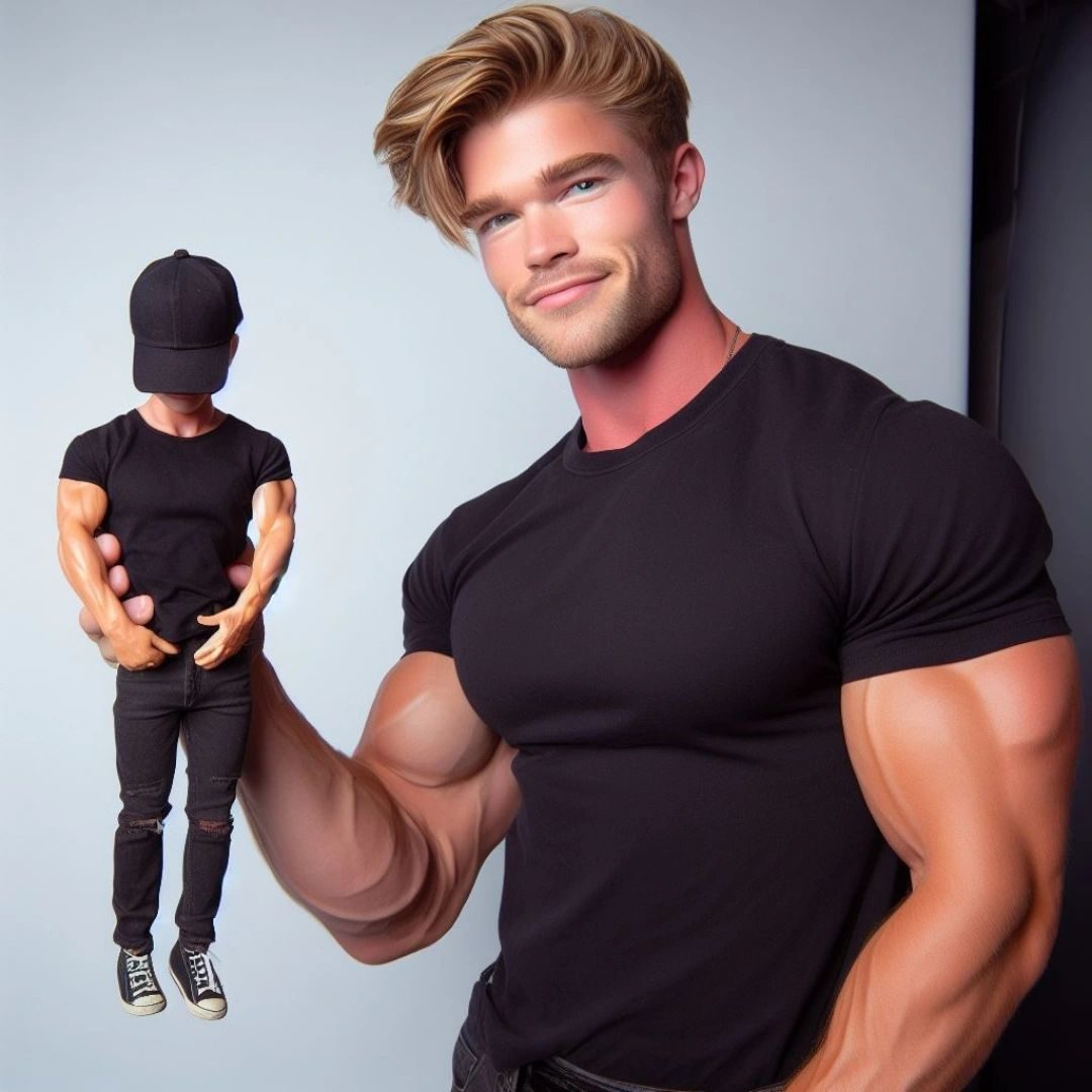 A smiling blond muscular man in a black T-shirt holding a tiny man in a cap by the waist