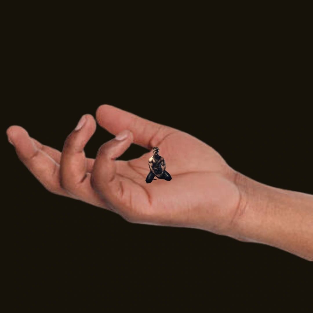 A giant open hand with a tiny man kneeling in its palm