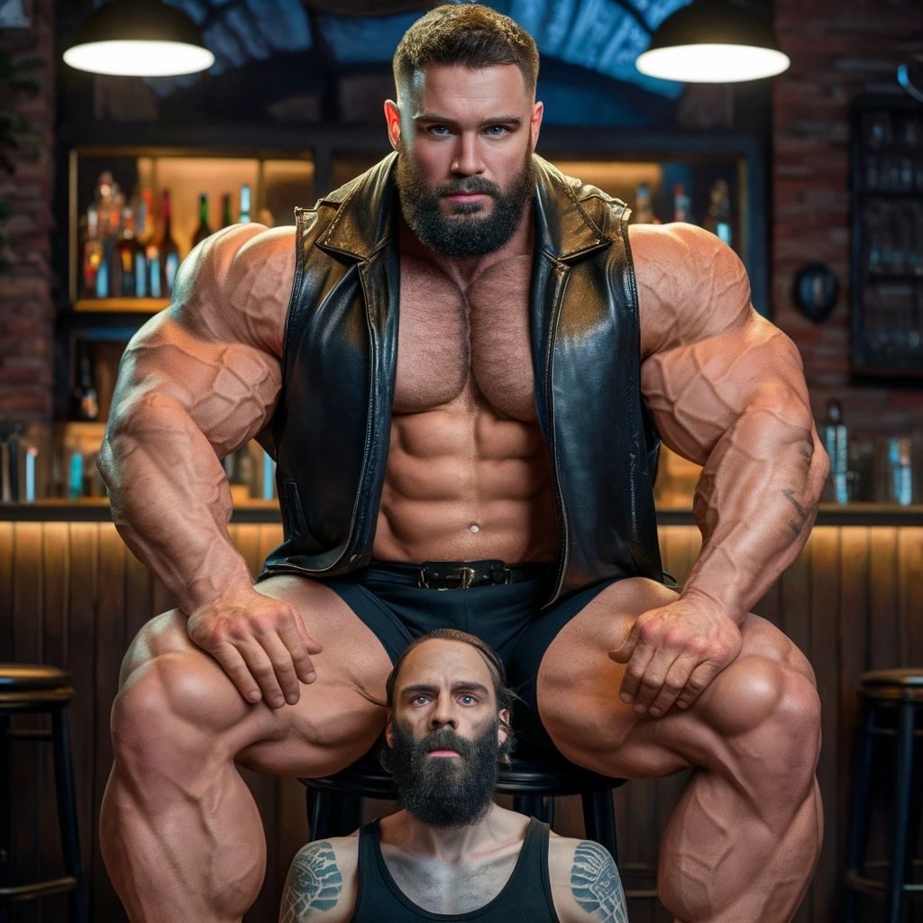A huge bearded muscle man in a leather waistcoat seated in a bar, a smaller man's head between his knees
