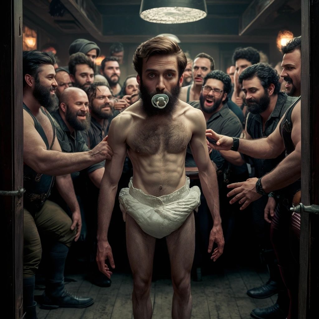 A bearded man in a nappy with a dummy in his mouth, surrounded by laughing men