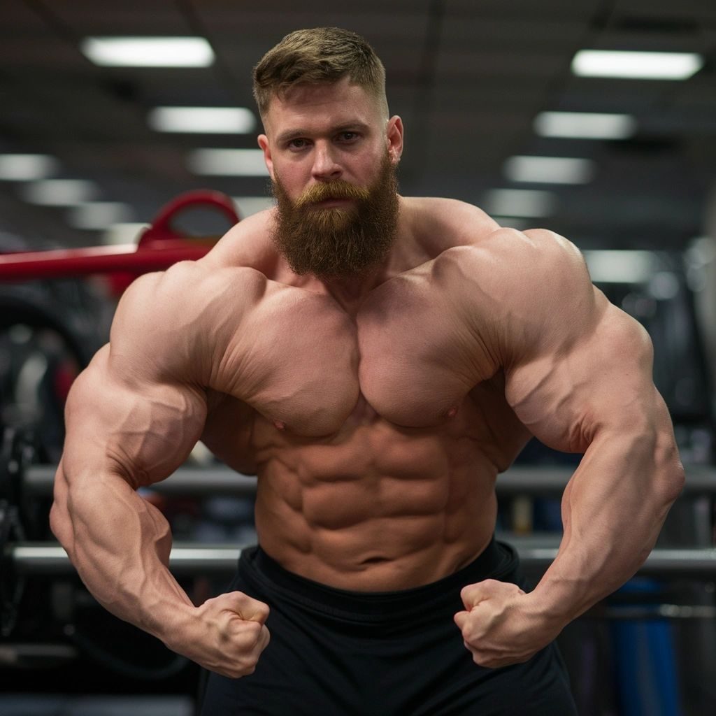 A bearded bodybuilder flexing shirtless in a gym
