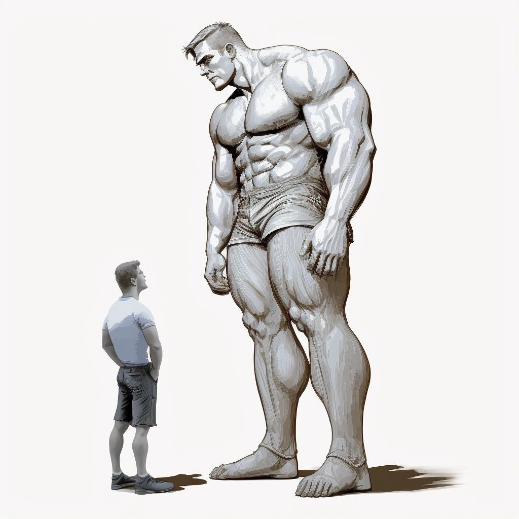 Sketch of a giant barefoot muscle man in shorts looking down at a normal-sized man