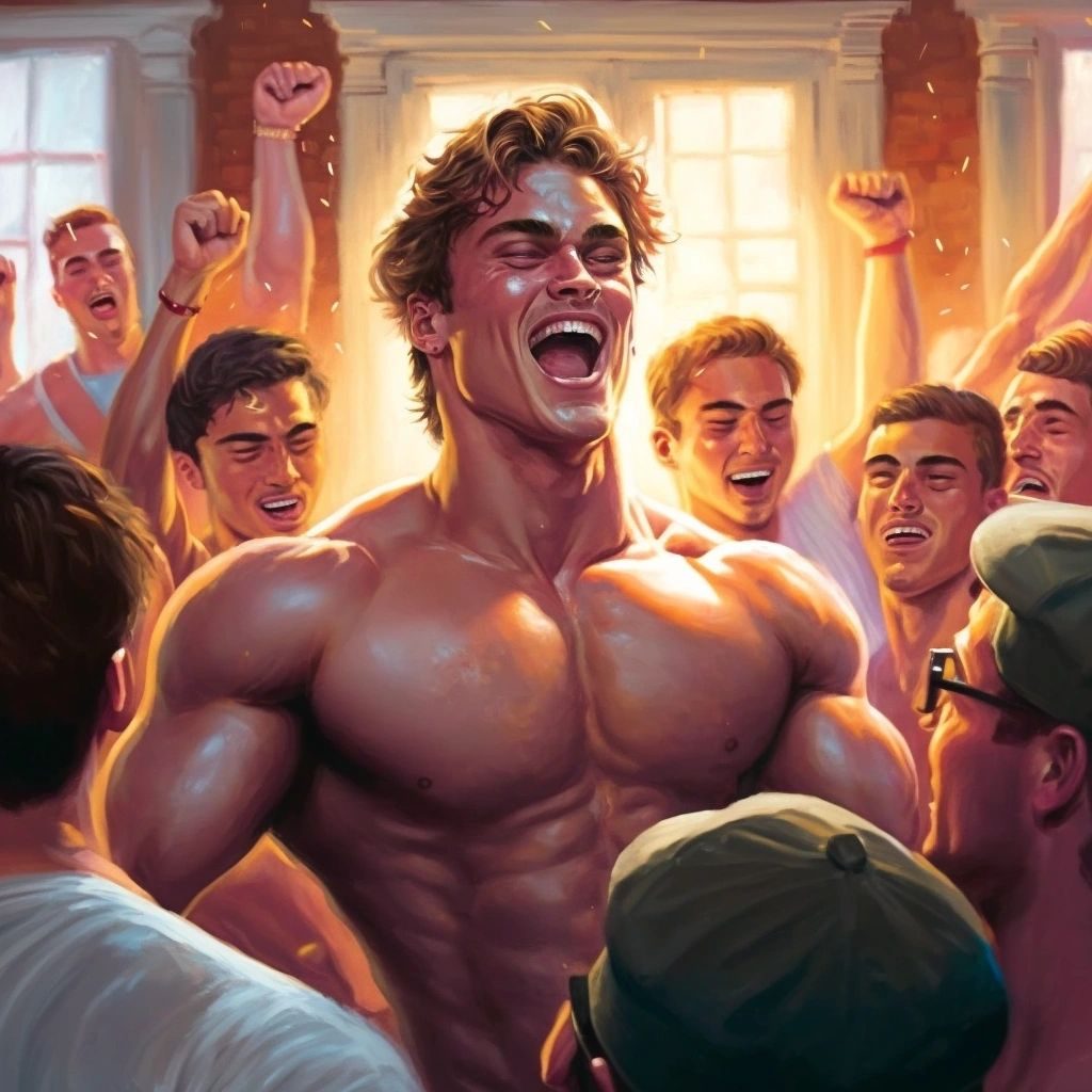 A shirtless muscular man laughing as a crowd of men cheer him on at a party