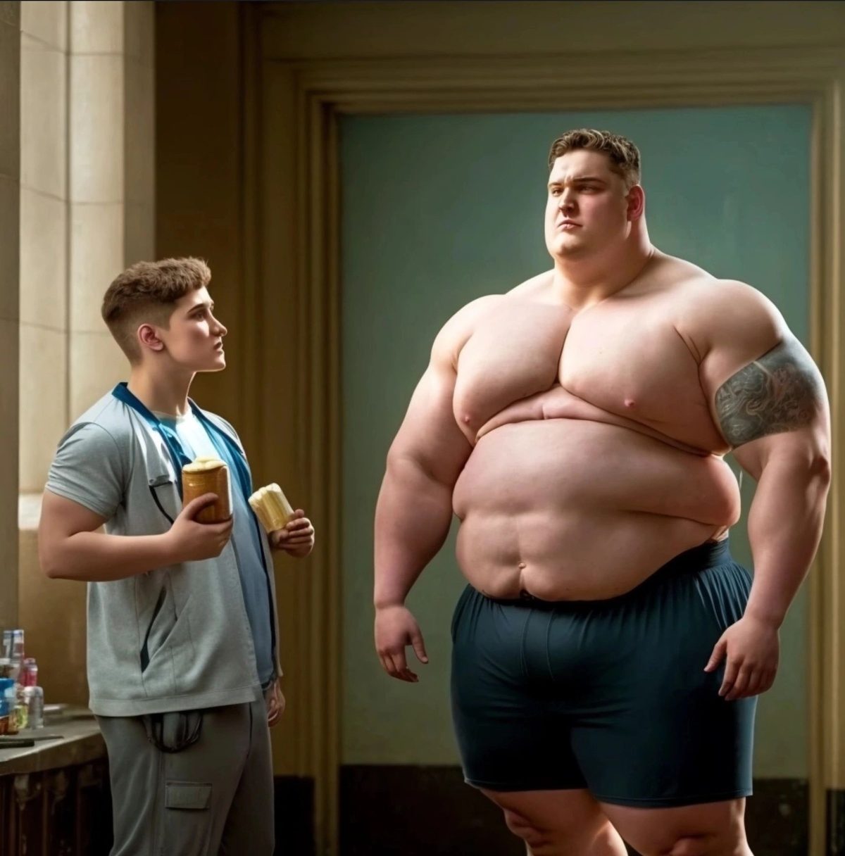 A heavyset shirtless man in shorts beside a man holding drink cans