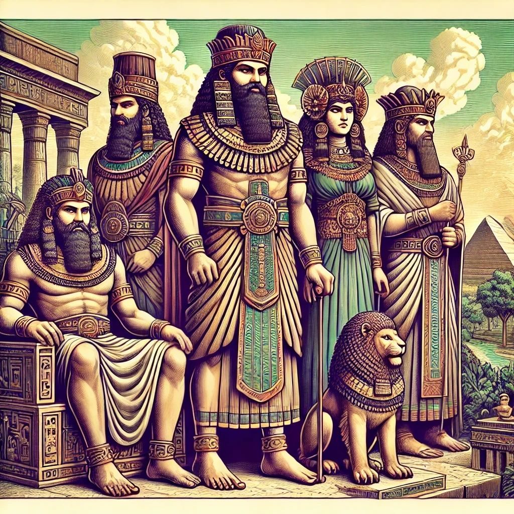 Illustration of towering Anunnaki gods in Mesopotamian robes with a lion