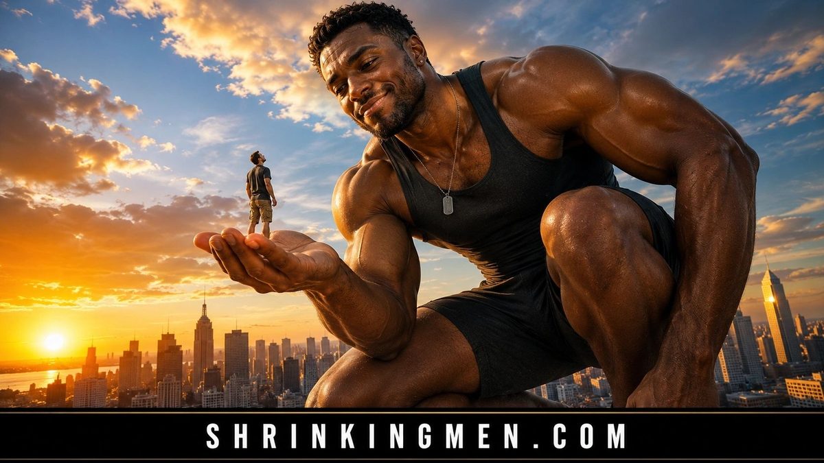 A giant muscular man in a vest crouching over a city at sunset with a tiny man in his hand