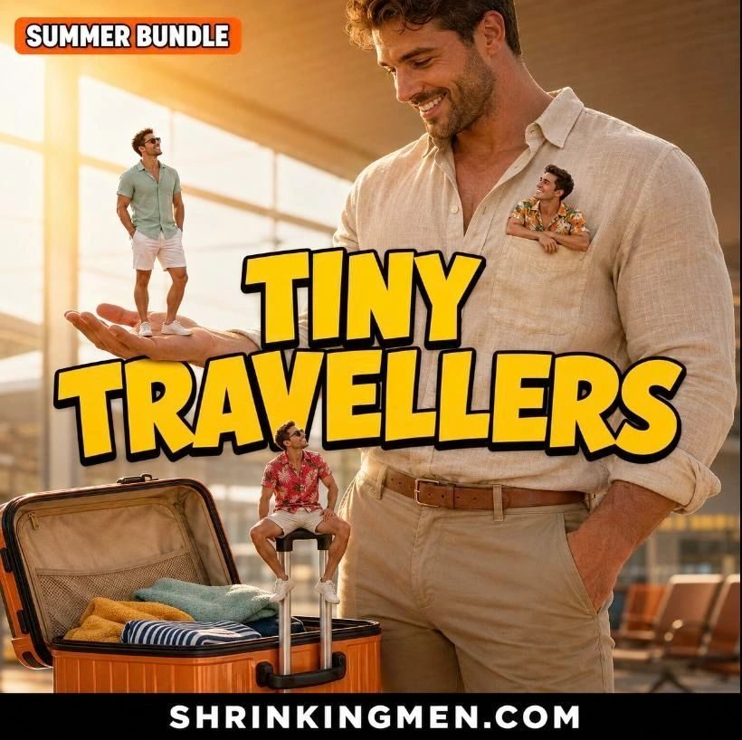 Tiny Travellers: a smiling man at an airport with tiny men on his palm, in his pocket and on a suitcase