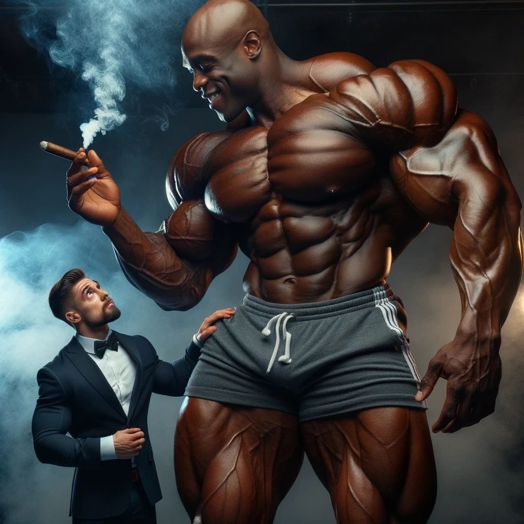 A giant shirtless muscle man in grey shorts smoking a cigar beside a man in a tuxedo