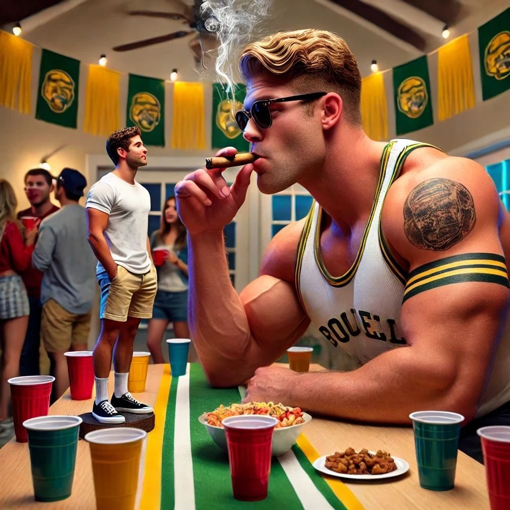 A giant muscular man in sunglasses smoking a cigar at a party, a tiny man standing among the cups