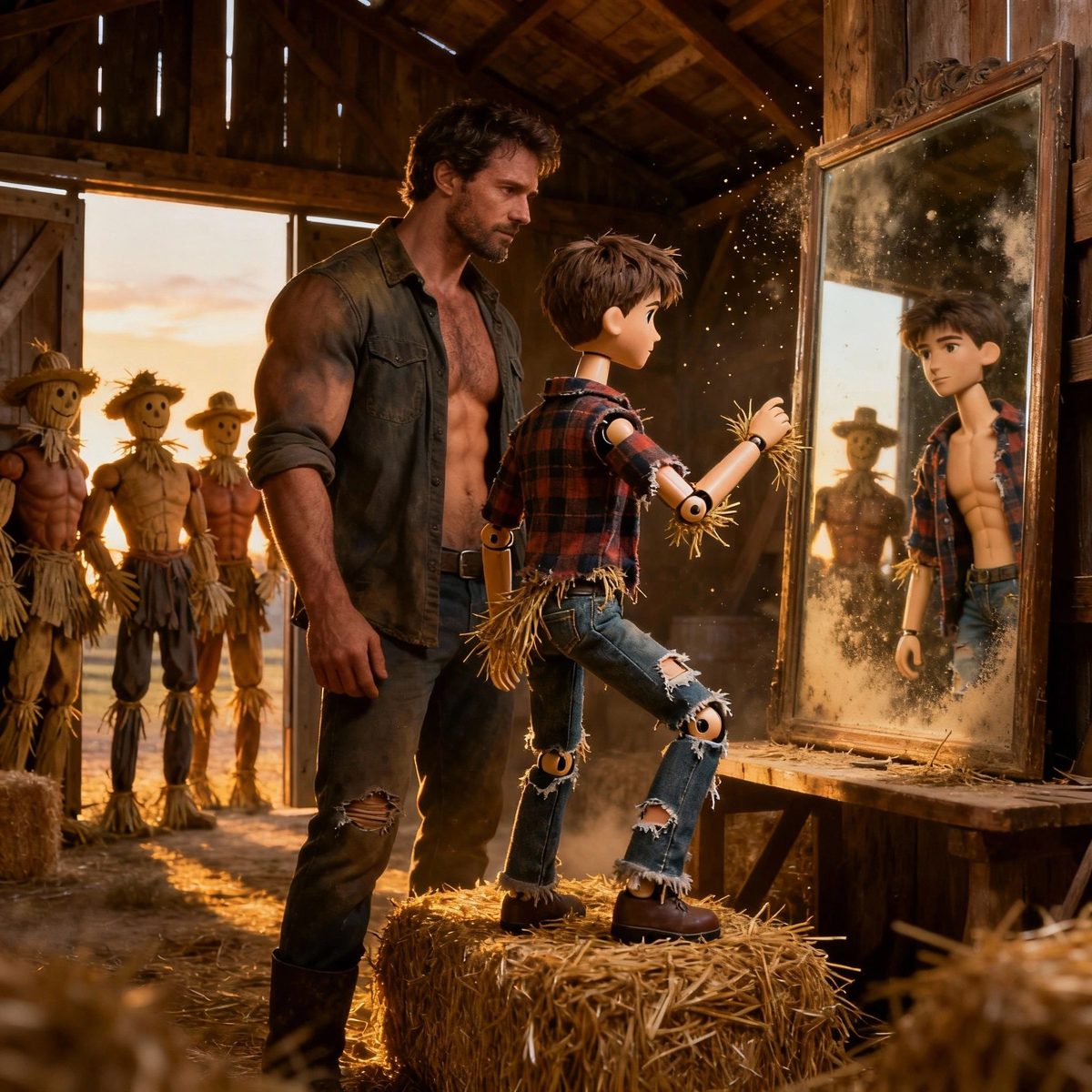 A rugged man in a barn watching a living scarecrow look into a mirror, more scarecrows behind