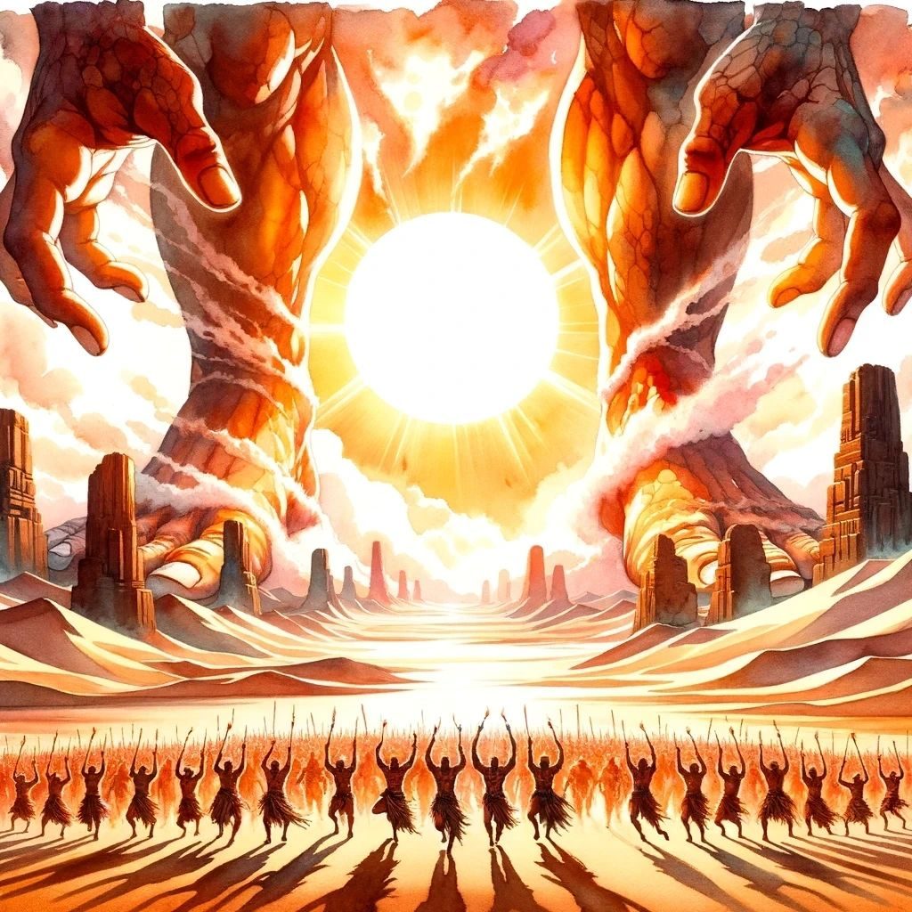 Watercolour of giant hands reaching over a desert sun as tiny worshippers raise their arms