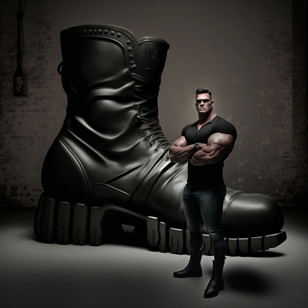 A man in a black T-shirt standing beside a giant black boot