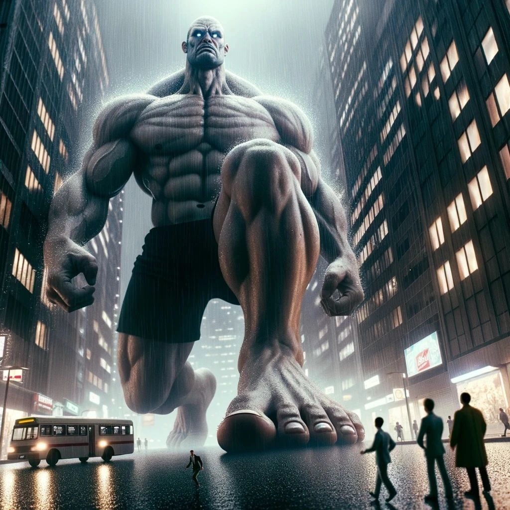 A giant barefoot muscle man in shorts stomping down a city street past tiny people