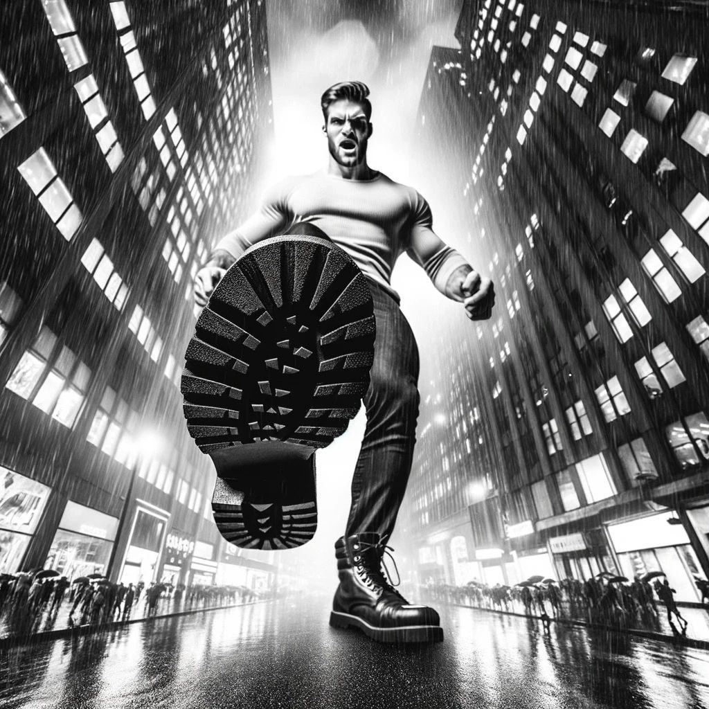 Black-and-white scene of a giant man bringing his boot down on a city street