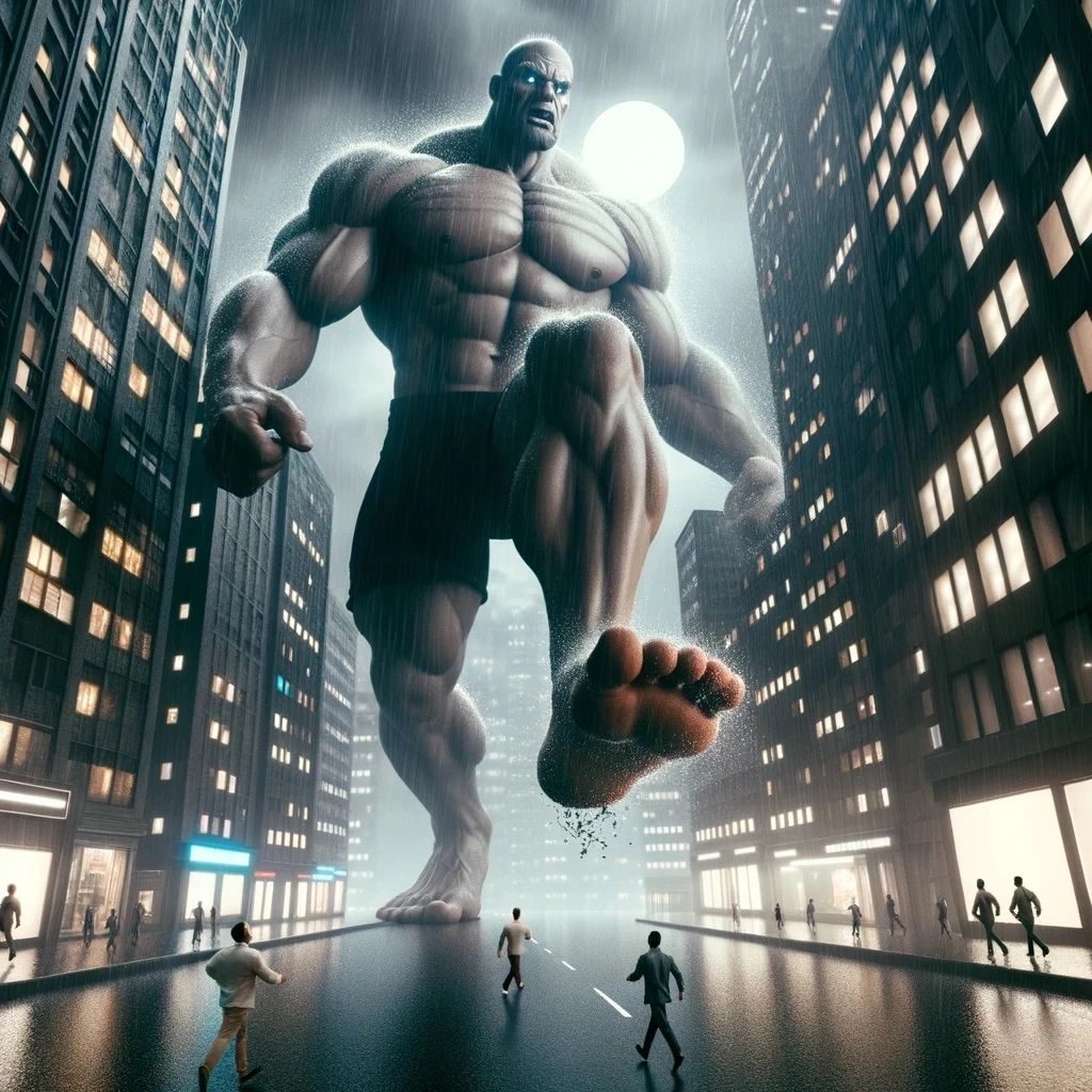 A giant bald muscle man barefoot in shorts in a city at night as tiny people flee