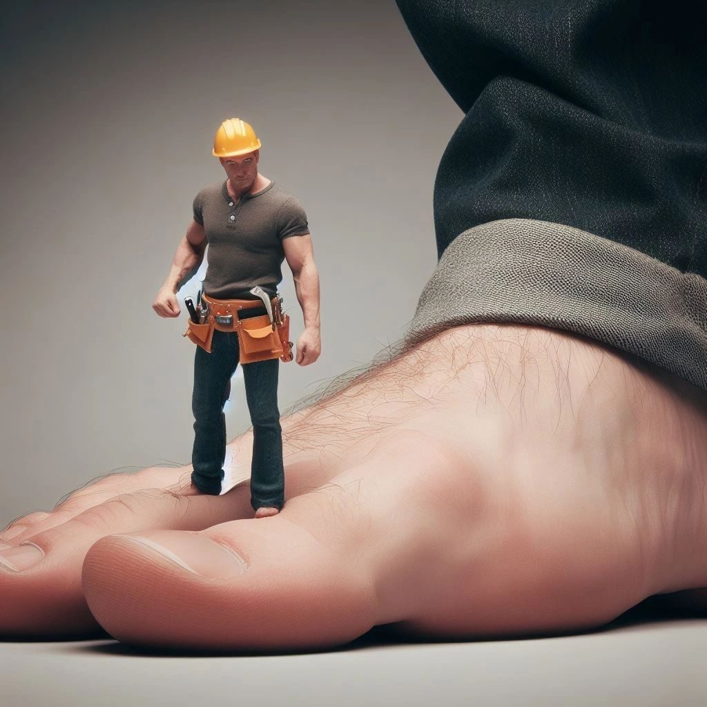 A tiny builder in a hard hat standing on a giant man's bare foot
