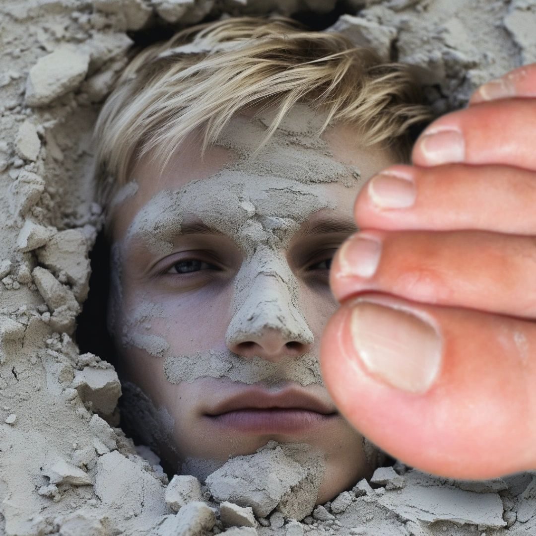 A man's face trapped in plaster beside a giant bare toe