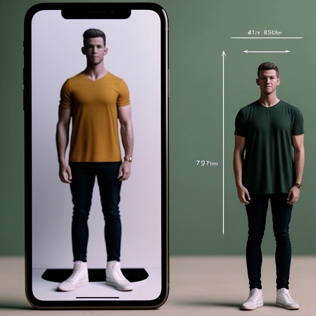 Height app screen comparing a man in a mustard T-shirt with a man in green