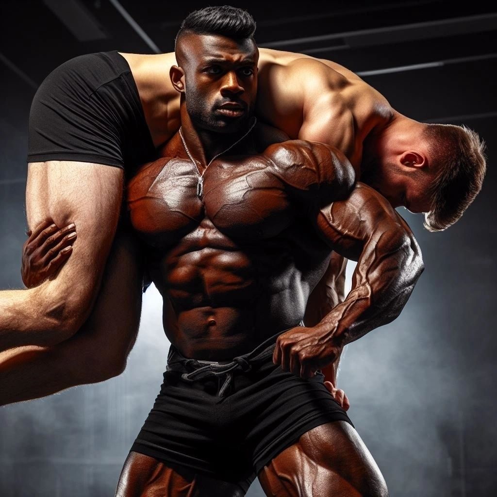 A muscular man carrying another man over his shoulder