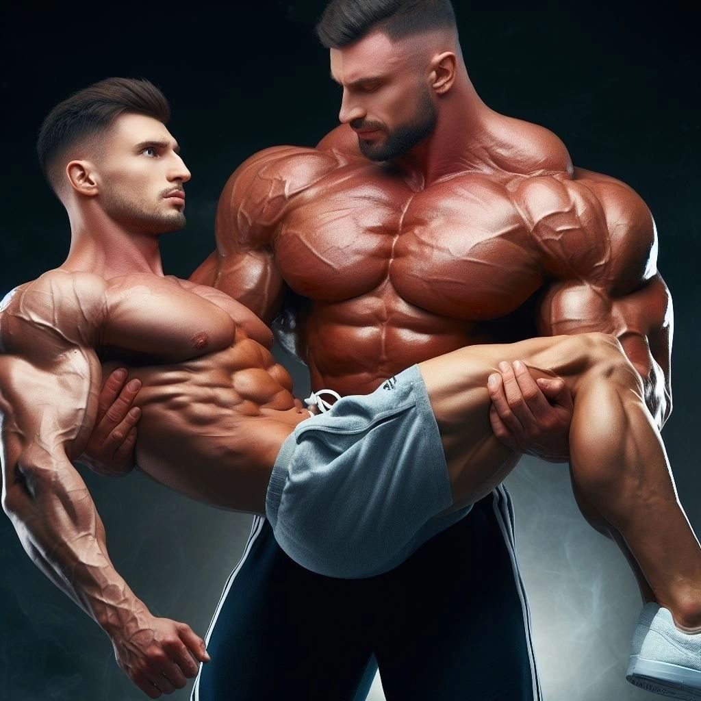 A huge shirtless muscle man cradling another muscular man in his arms