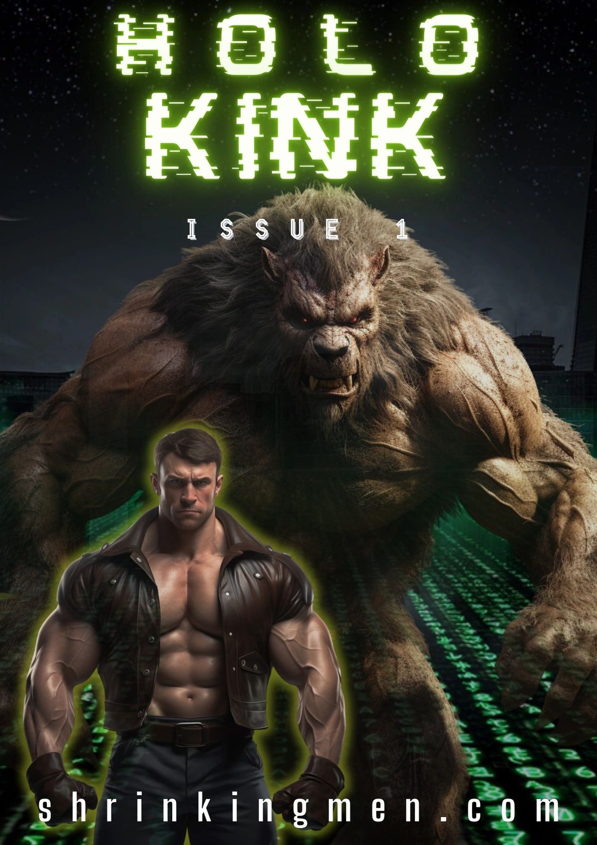 Cover of HoloKINK Issue 1, a beast looming behind a muscular man in an open leather jacket