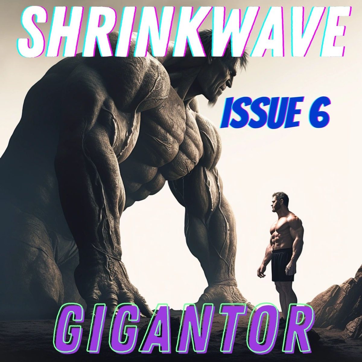 Cover of Shrinkwave Issue 6: Gigantor, a giant stone titan crouching over a man in shorts