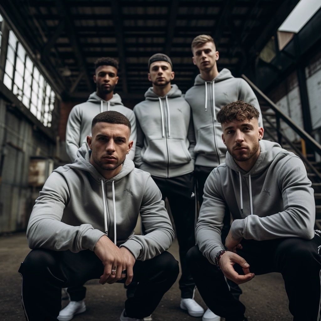 Five men in grey hoodies and joggers posing in a warehouse