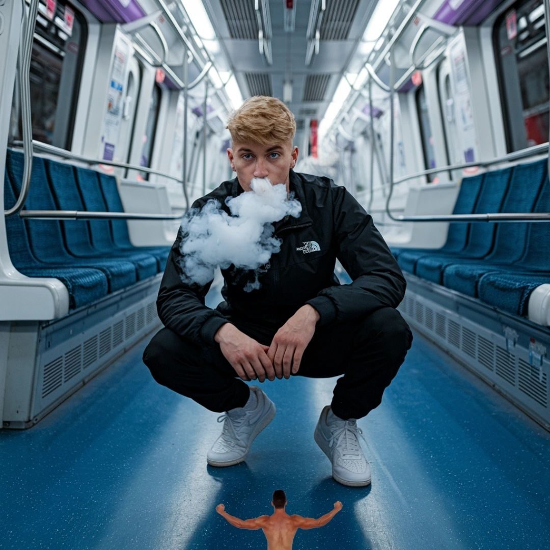 A man in a black tracksuit squatting on a Tube train blowing vape smoke, a tiny shirtless man below