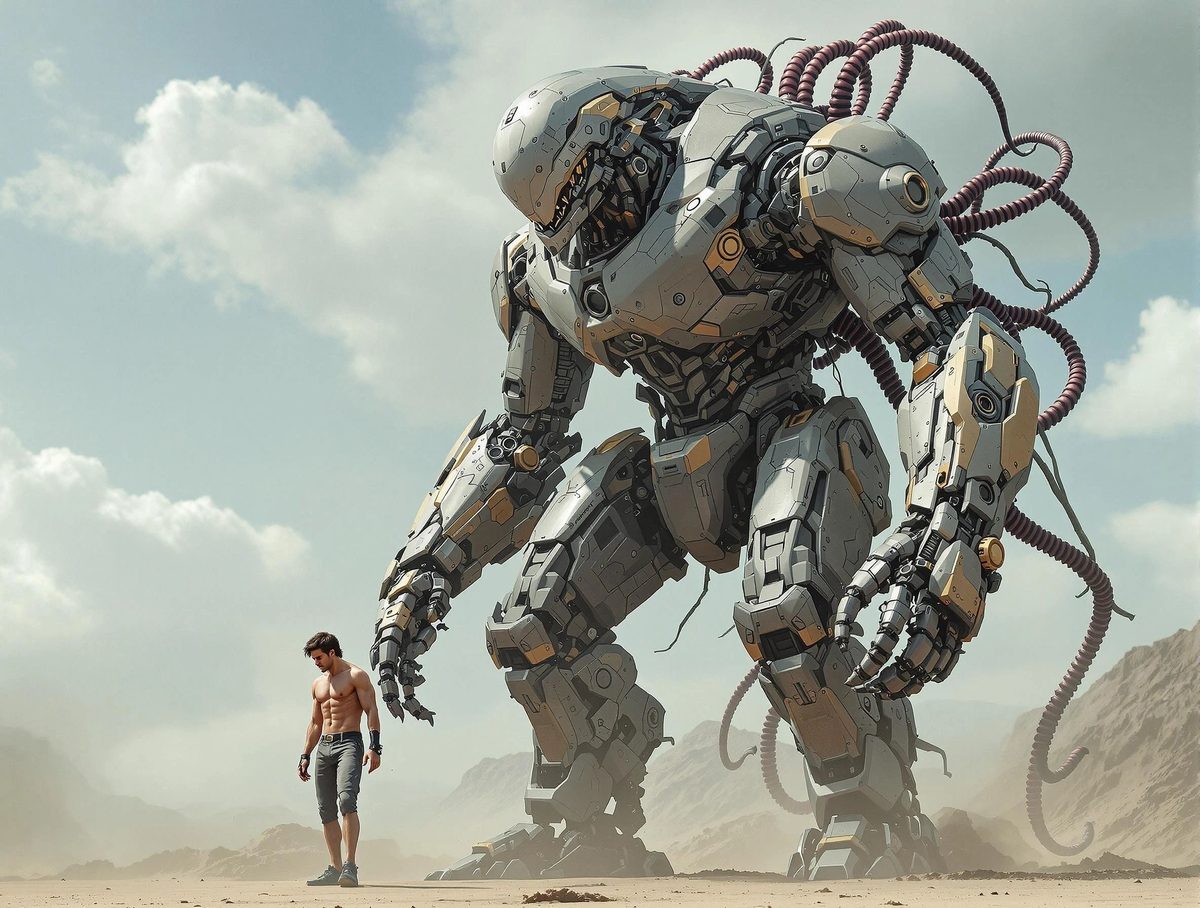 A giant tentacled robot towering over a shirtless man in a desert