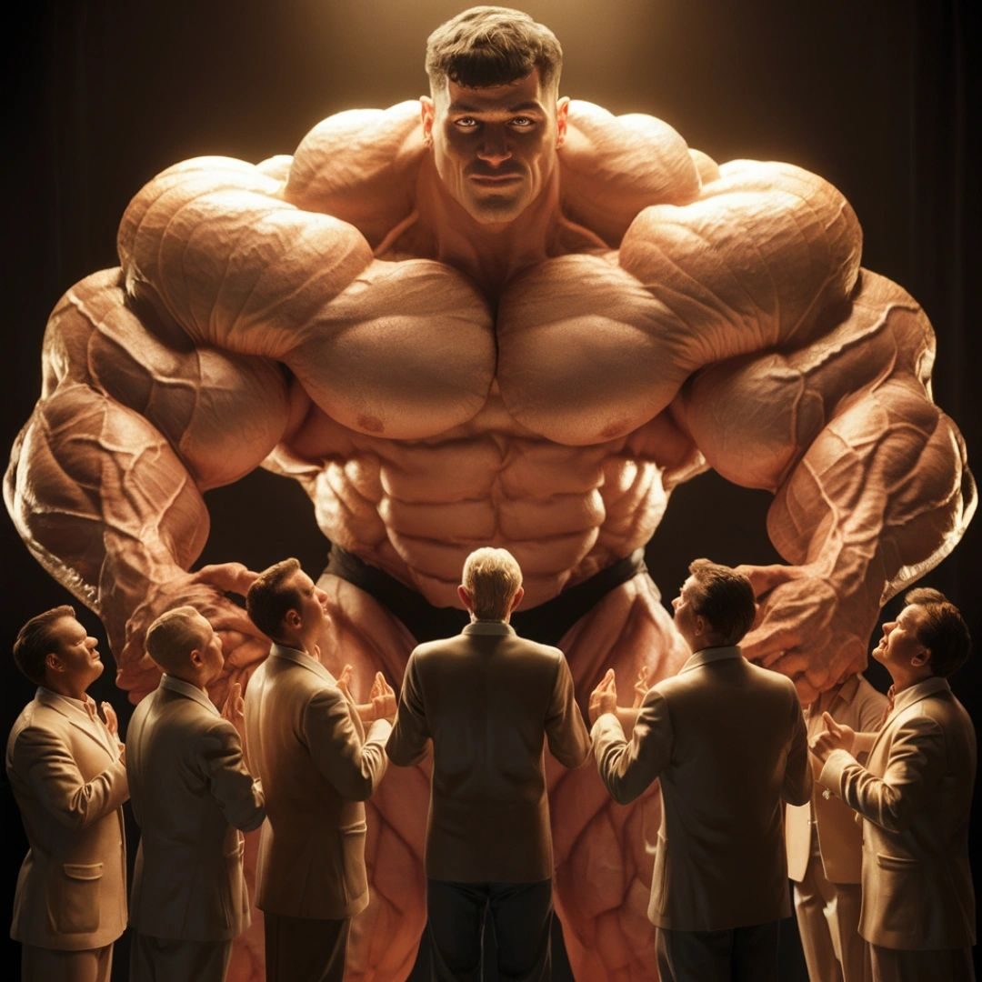 A hulking giant muscle man in black briefs looming over a crowd of tiny men in suits