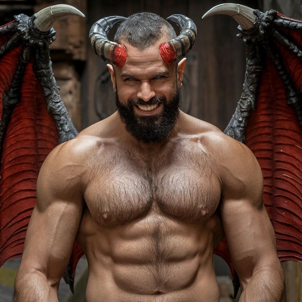 A grinning shirtless demon with horns, red eyes and bat wings
