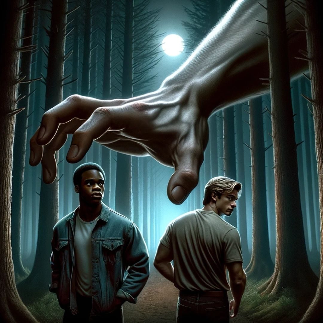 A giant hand reaching down from the sky towards two men in a dark forest