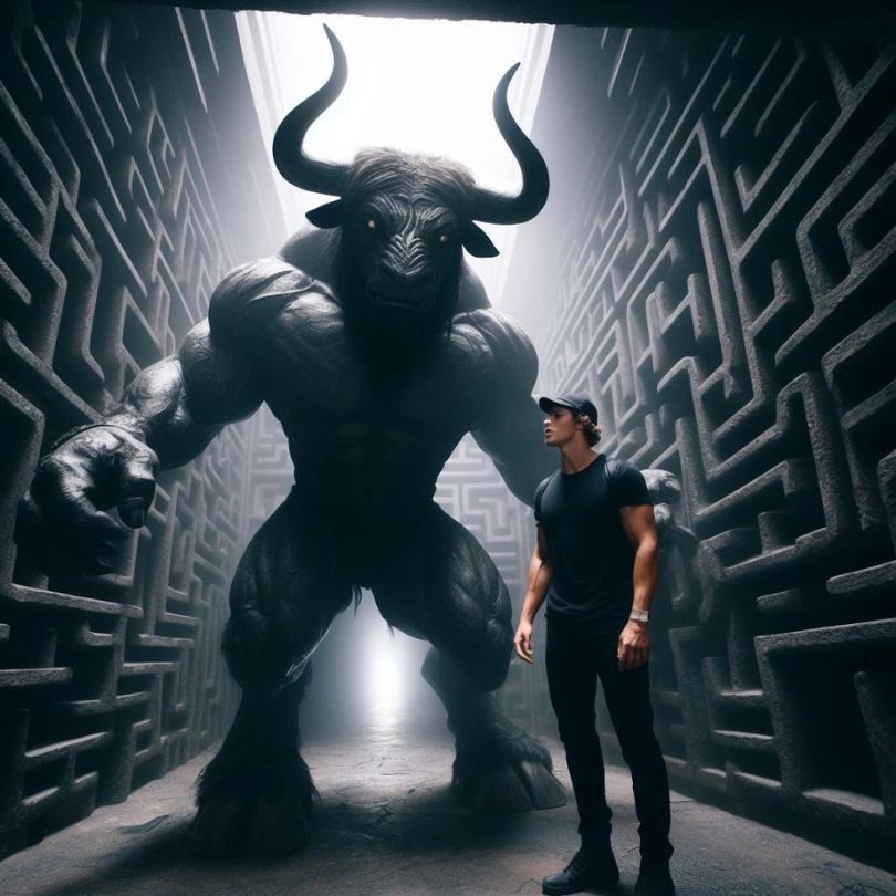 A giant minotaur in a stone maze beside a man in a black T-shirt and cap