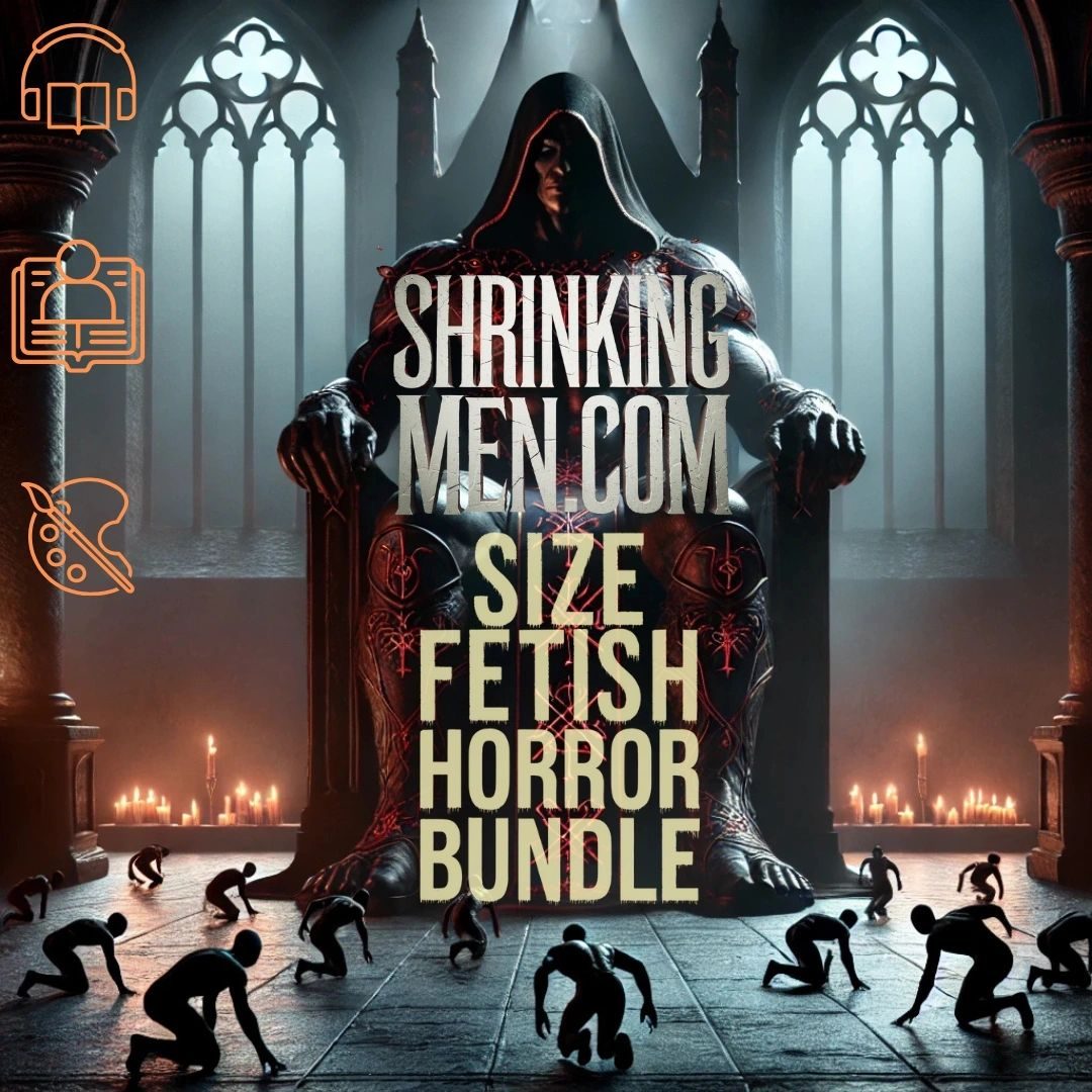 Size Fetish Horror Bundle: a hooded giant on a gothic throne with tiny men crawling below