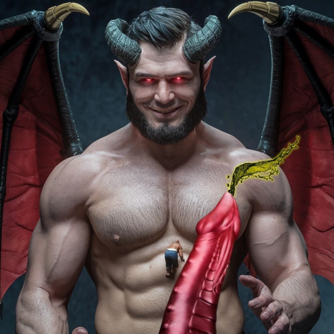 A grinning winged demon holding a giant red phallic object with a tiny man clinging to his chest
