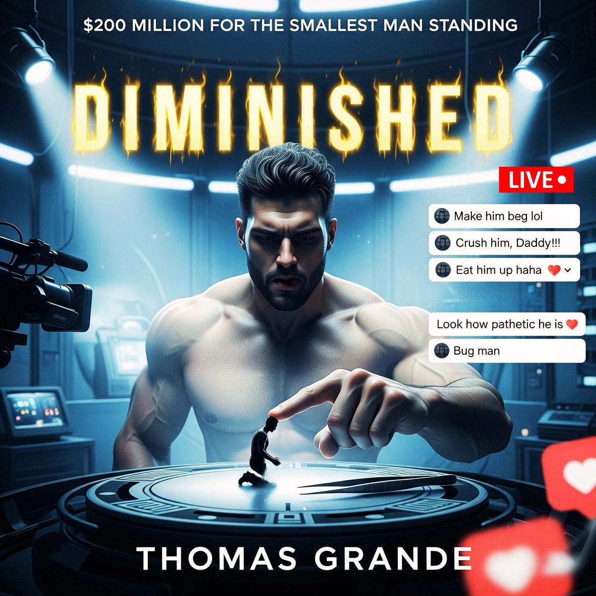 Cover of DIMINISHED by Thomas Grande, a giant shirtless man pointing at a tiny man on a livestream stage