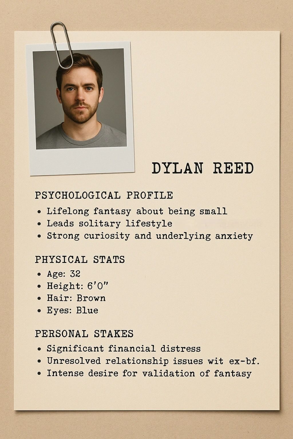 Character profile card for Dylan Reed with photo, psychological profile and physical stats