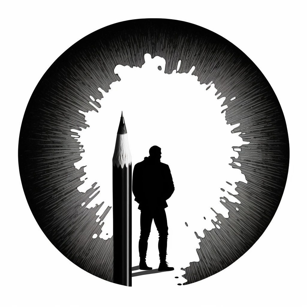 Logo of a man's silhouette beside a giant pencil inside a black circle