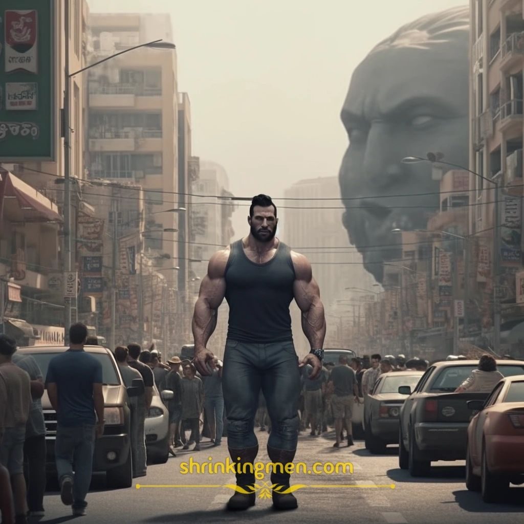 A giant man in a vest walking down a crowded city street, a huge stone face looming behind
