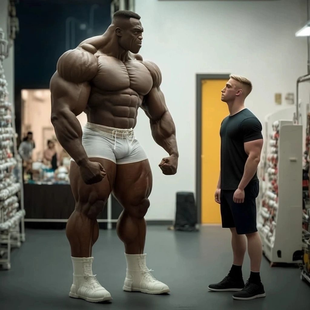 A giant bodybuilder in white briefs and boots facing a normal-sized man in a shop