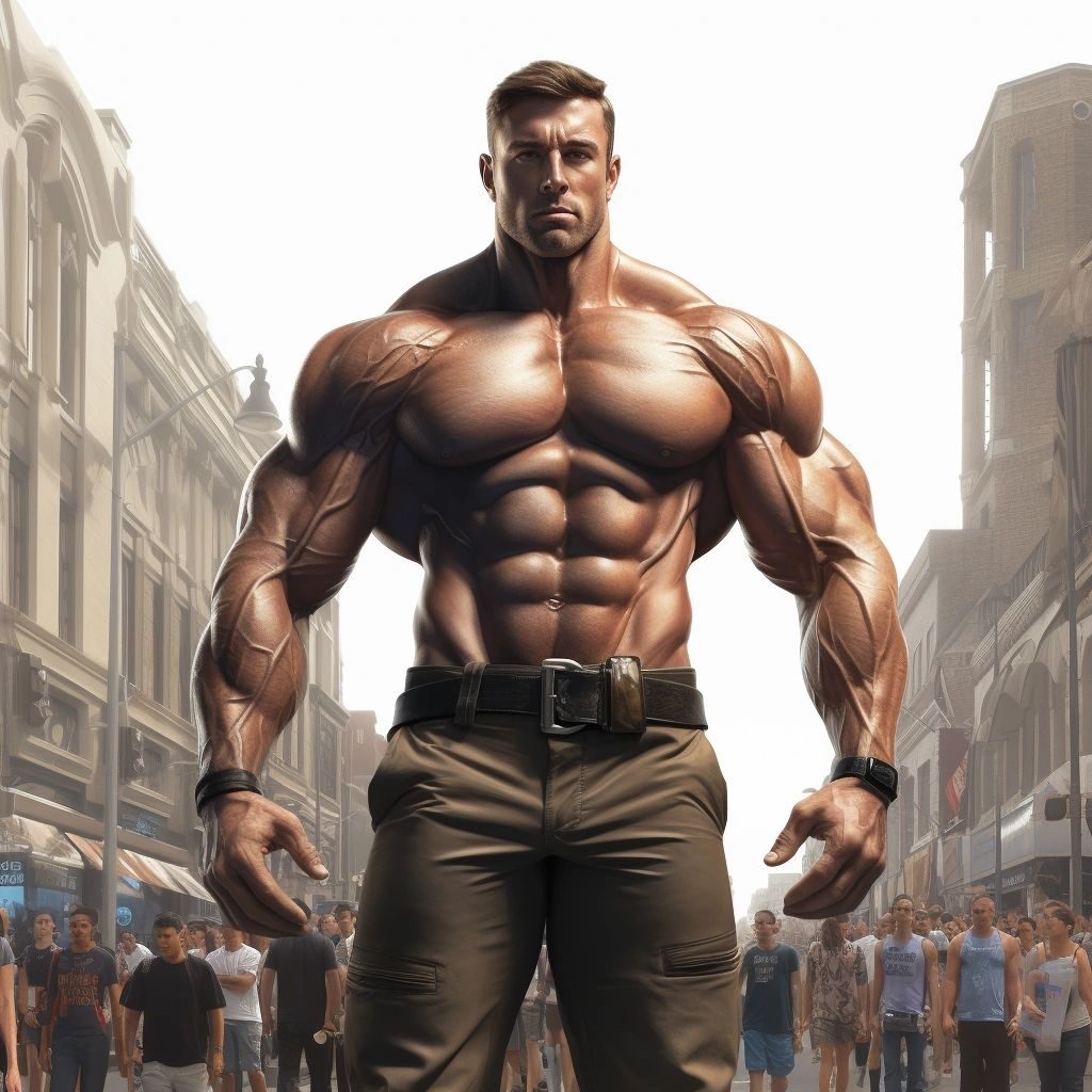 A giant shirtless muscle man in combat trousers standing over a crowd in a city street