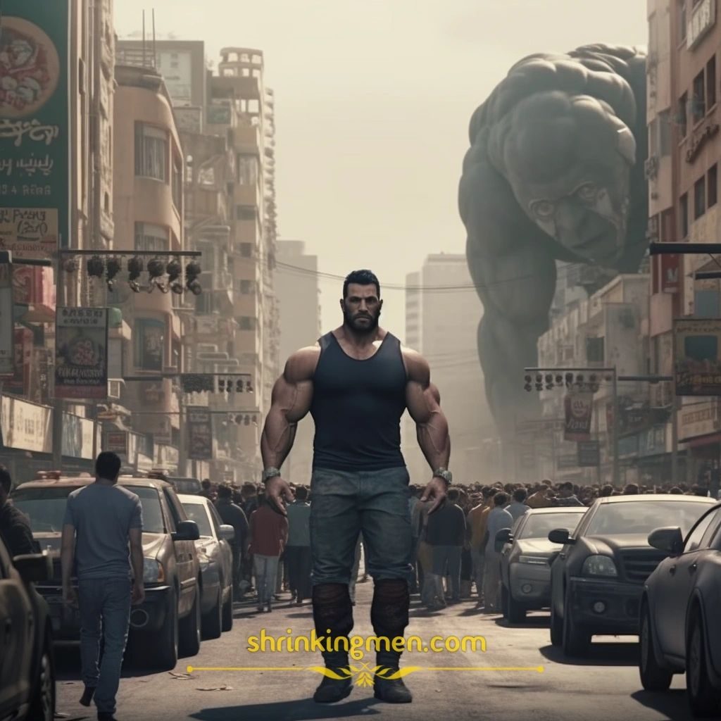 A muscular Turkish man in a vest in a city street as a giant grey djinn looms behind the buildings