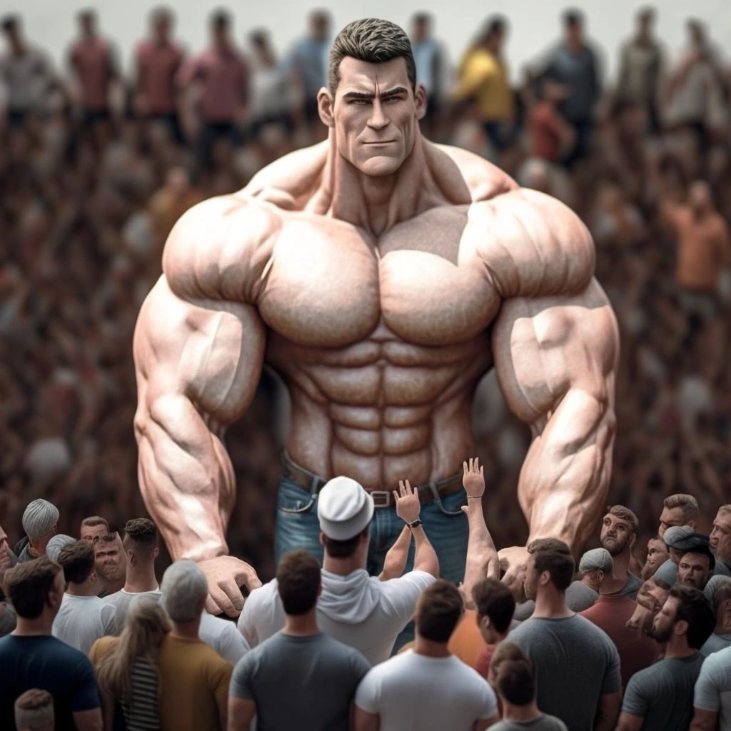 A giant shirtless bodybuilder in jeans towering over a cheering crowd of normal-sized men