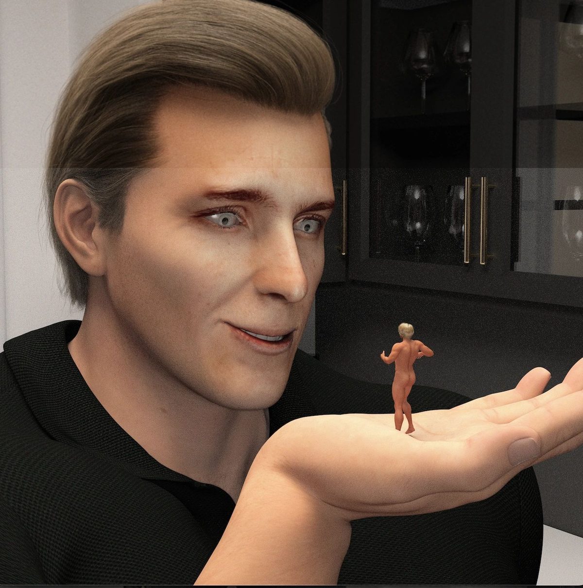 A giant man in a kitchen smiling at a tiny naked man standing on his open palm