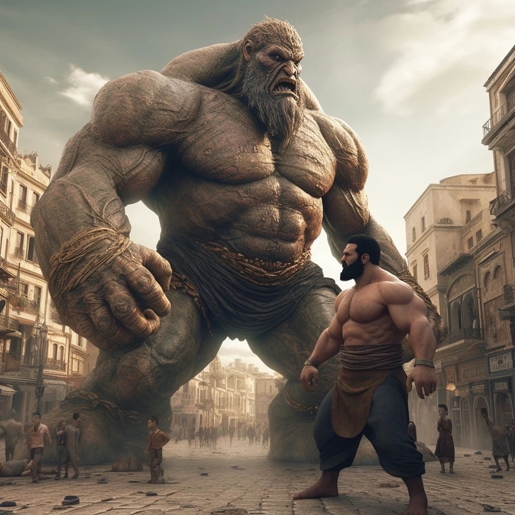 A giant stone djinn looming over a shirtless, bearded Turkish strongman in a city street
