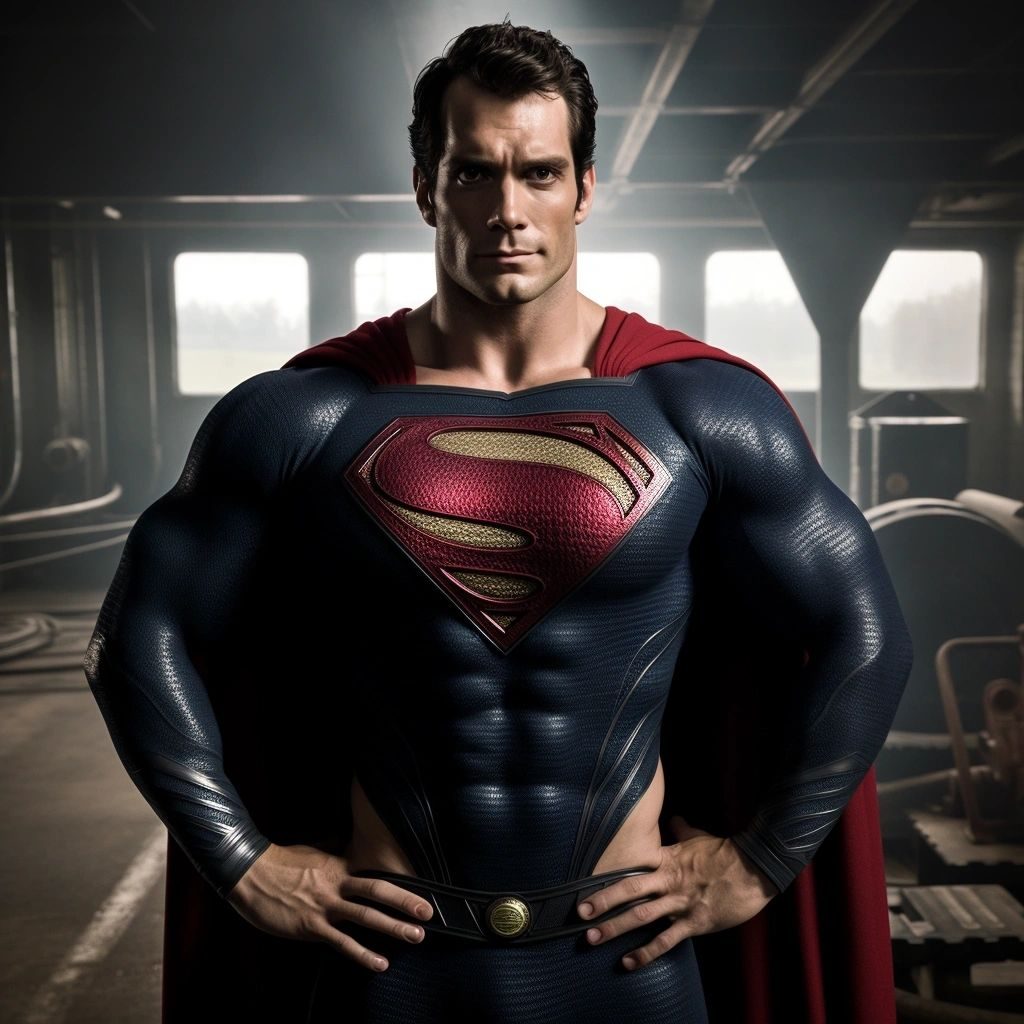 A muscular man in a dark Superman-style suit and red cape standing with hands on hips